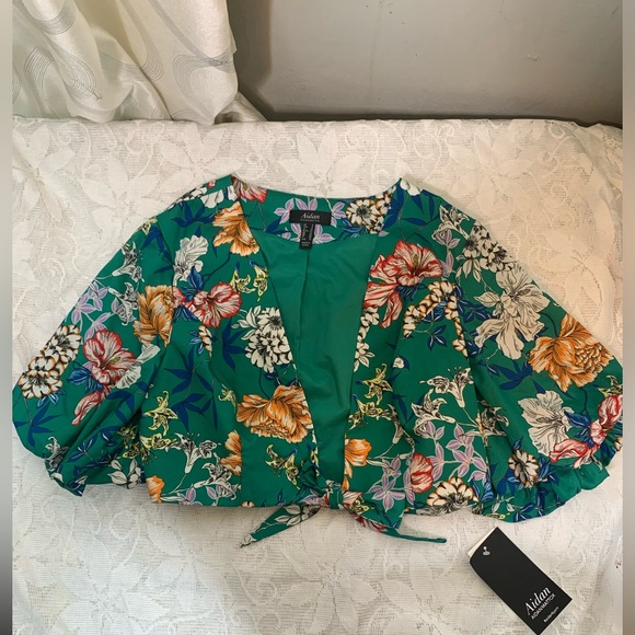 AIDAN MATTOX CROP BLOUSE TEAL FLORAL SIZE 8😍 - Picture 2 of 9